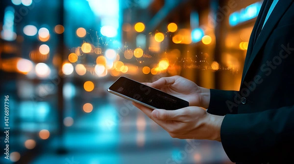 Fototapeta A man in a suit holds a tablet against a blurred bokeh-filled urban backdrop suggestive of technology and connectivity.
