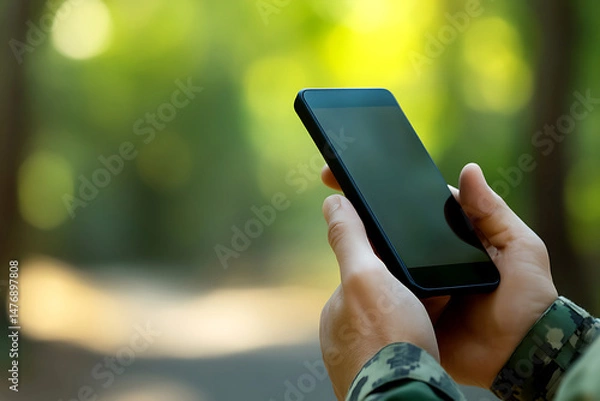 Fototapeta Close-up of hands holding a smartphone screen facing up against a blurred backdrop of green foliage and sunlight.