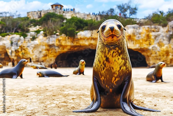 Fototapeta A curious sea lion pup sits upright on a sandy beach with others and a rocky cliffside in the background.