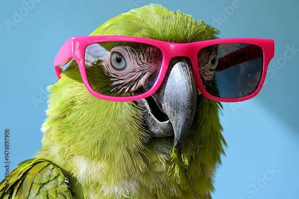 Fototapeta A vibrant green parrot perched against a blue backdrop playfully sporting bright pink sunglasses creates a whimsical and humorous close-up portrait.