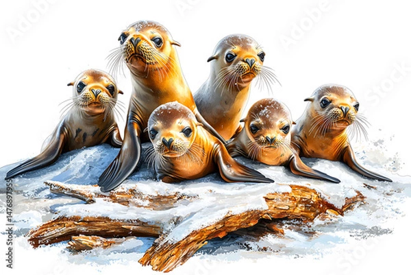 Fototapeta Six sea lions with curious expressions rest on a snowy log gazing forward with a playful charm.