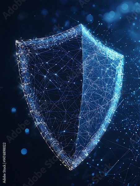 Fototapeta Digital Shield: Abstract representation of security composed of glowing nodes and connected lines on a dark background.