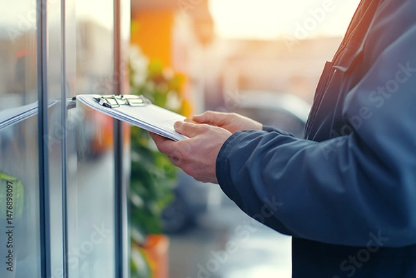 Fototapeta Man in coat holding clipboard against building possibly inspecting or taking notes in warm sunlight.