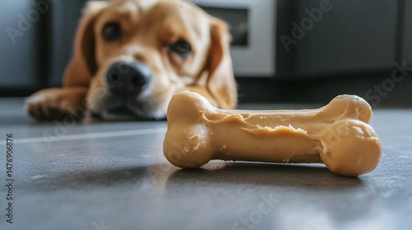 Fototapeta In the background, a cute beagle lies longingly looking at a bone on a gray floor. Interior shot highlighting a dog treat. Concept of pet treats, dog behavior and longing