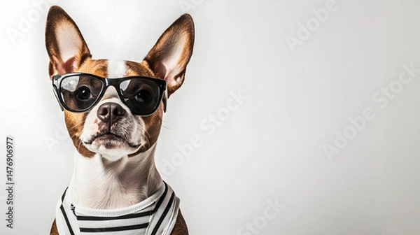 Fototapeta Portrait of a fashionable brown and white dog wearing sunglasses and a striped shirt against a white backdrop with ample copy space. Studio shot emphasizing the dog's cool demeanor.