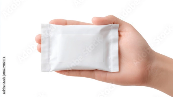 Fototapeta A person's hand holds a small rectangular white foil packet with a blank white label on a clean white background ready for product placement and advertising use.