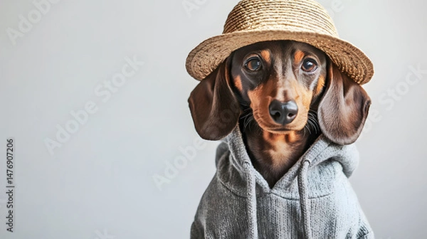 Fototapeta Dapper Dachshund in a Hoodie. A brown dachshund stares directly at the camera while wearing a straw hat and gray hoodie, positioned against a simple gray background with plenty of copy space.