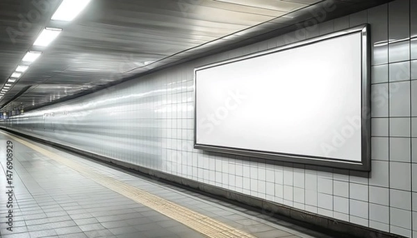 Fototapeta An underground passage with gray-white tiles, blank white billboard, ceiling lights, and gray flooring.