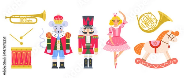 Obraz Fairy tale nutcracker set with ballerina, mouse King, toy soldier and orchestral instruments. Christmas Holiday Vector cute flat Illustration with rocking horse, drum, trumpet, french horn.