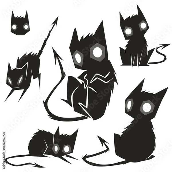 Obraz Dark Cartoon Devil Cat Character Set – Vector Illustration