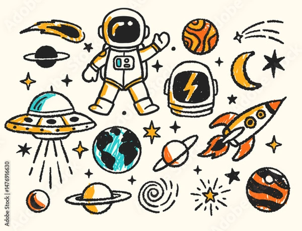Fototapeta Hand-drawn space theme vector illustration set with UFOs, rockets, planets, stars, comets, and astronauts in a doodle art style.