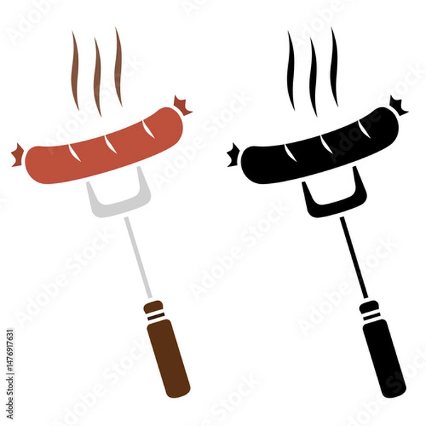 Obraz Grilled sausage on fork icon, flat style pictogram icon for ui or ux mobile app, vector illustration logo symbol design, isolated on white
