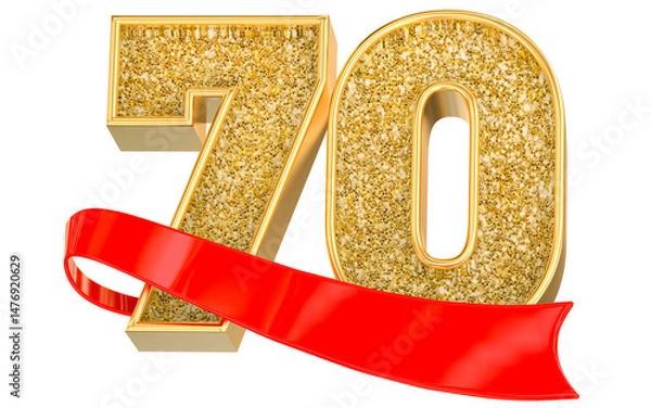 Fototapeta Number 70 gold celebration with a red scroll banner. 3D Render