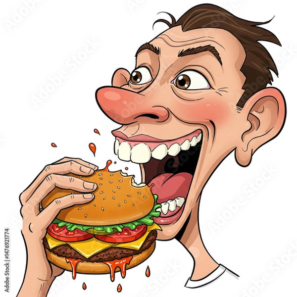 Fototapeta Eating a hamburger. Caricature on a white background.