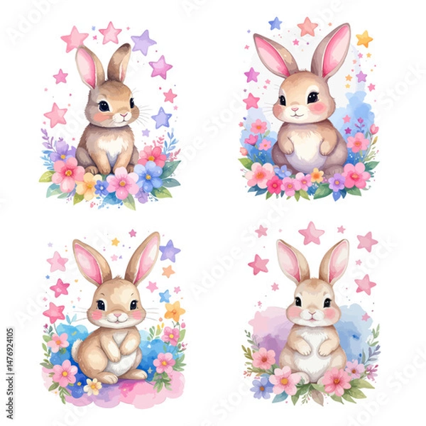 Obraz Cute bunny surrounded by pink stars and flowers -vector watercolor illustrations for Baby Shower for girls, for birthday 
