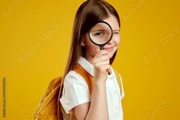 Obraz Inquisitive child with a backpack peeks through a magnifying glass, displaying a playful and curious demeanor against a yellow classroom background. Ideal for educational content and school promotions