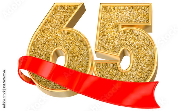 Fototapeta Number 65 gold celebration with a red scroll banner. 3D Render