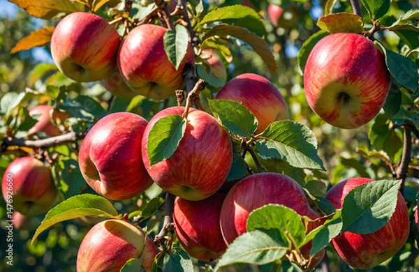 Fototapeta Juicy Red Apples on Lush Green Tree