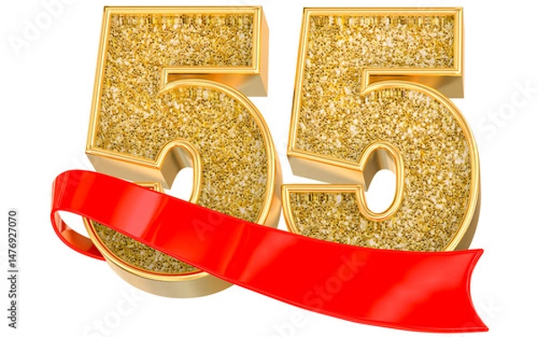 Fototapeta Number 55 gold celebration with a red scroll banner. 3D Render