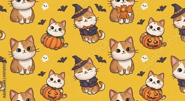 Fototapeta Cute Cats Halloween Seamless Pattern