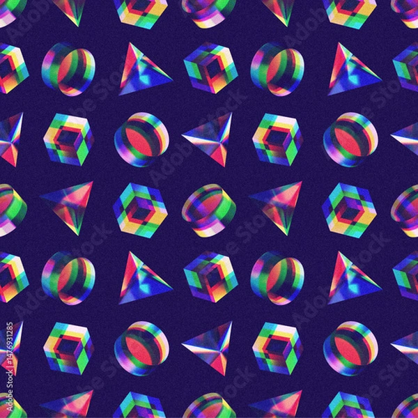 Fototapeta The seamless color dispersion pattern with 3d geometric shapes and grain paper effect