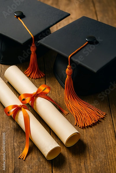 Obraz Two graduation caps with tassels and two diplomas tied with orange ribbons on a wooden surface