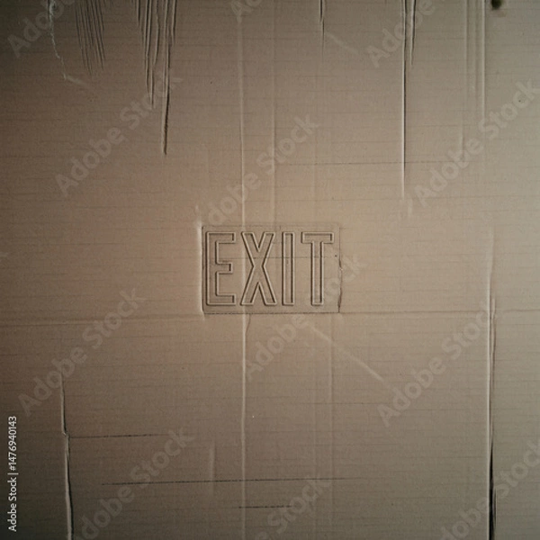Fototapeta Background, backdrop, Close-up photo of distressed cardboard texture with a pressed "EXIT" sign. Shows fibers, scuffs, tears, and shadows, conveying an urban feel.
