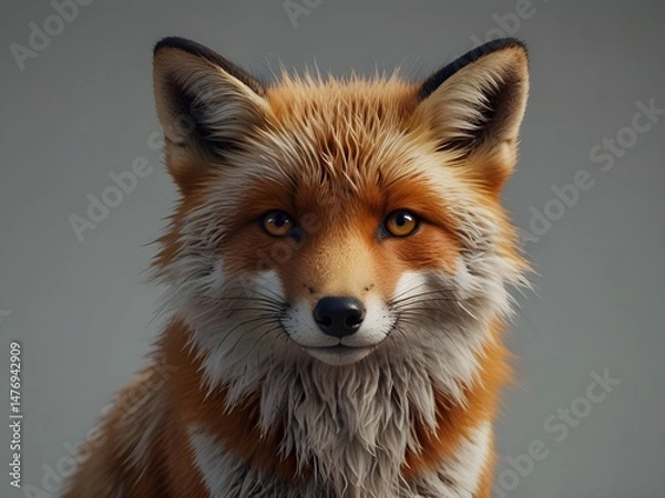 Obraz Close up of a red fox with orange eyes looking forward. Fox has orange and white fur with black tipped ears. The background is grey.