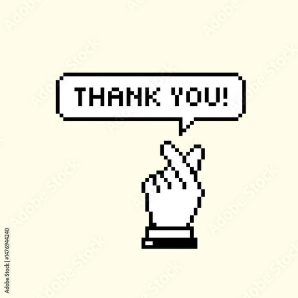 Fototapeta Cute pixel art finger heart with Thank You text. Perfect for social media, stickers, and kawaii design. Retro gamification marketing. Vector