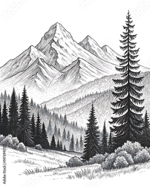 Fototapeta Hand-Drawn Mountain and Forest Scenery in Vector Style