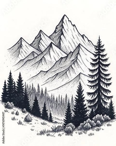 Fototapeta Hand-Drawn Mountain and Forest Scenery in Vector Style
