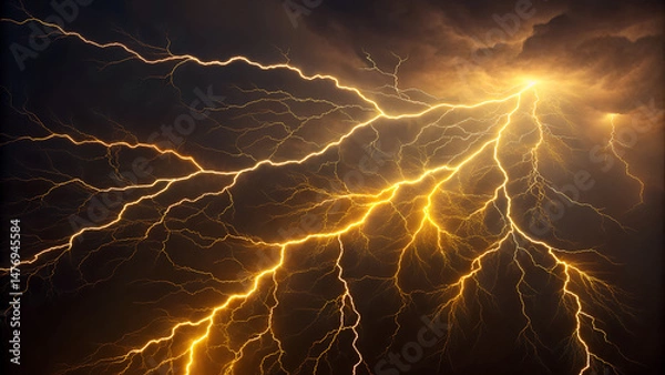 Obraz A dramatic display of golden lightning strikes against a dark and stormy sky background image scene