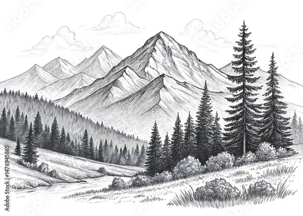 Fototapeta Hand-Drawn Mountain and Forest Scenery in Vector Style
