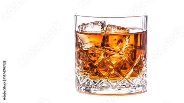 Fototapeta Scotch Whiskey Glass with Ice on White Background for Advertisements and Designs