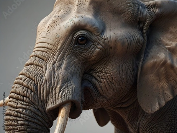 Obraz Detailed close up of an elephants head showcasing its wrinkled skin, eye, ear, and tusk, emphasizing the texture and unique features of this animal.