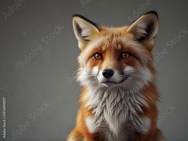 Fototapeta Portrait of a red fox against a neutral background. The fox has amber eyes, orange and white fur, and a curious expression. Wildlife concept.