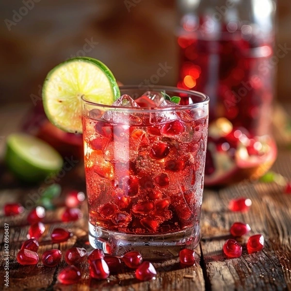Obraz A vibrant glass of pomegranate juice over ice cubes, surrounded by pomegranate seeds and a slice of lime, resting on a wooden surface.