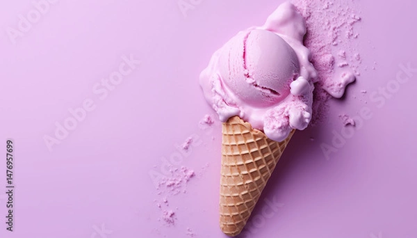 Fototapeta Ice cream mockup in waffle cone. Strawberry colorful pink ice-cream mock-up isolated on pink purple background. Copy space. Summer holidays food. Summertime sweet dessert. Closeup. Banner.