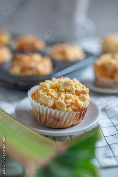 Obraz Rhubarb muffin with rhubarb petioles