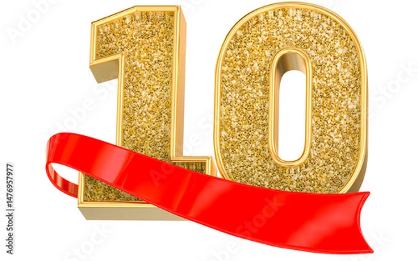 Fototapeta Number 10 gold celebration with a red scroll banner. 3D Render