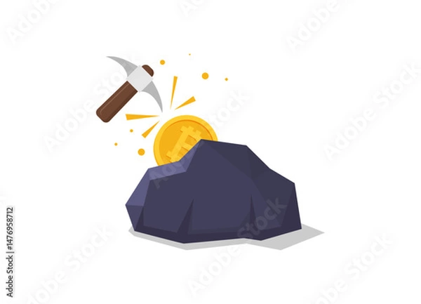 Fototapeta Bitcoin mining concept with pickaxe and coin flat vector