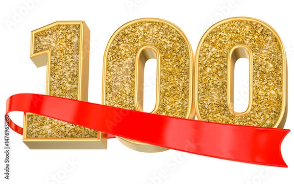 Fototapeta Number 100 gold celebration with a red scroll banner. 3D Render
