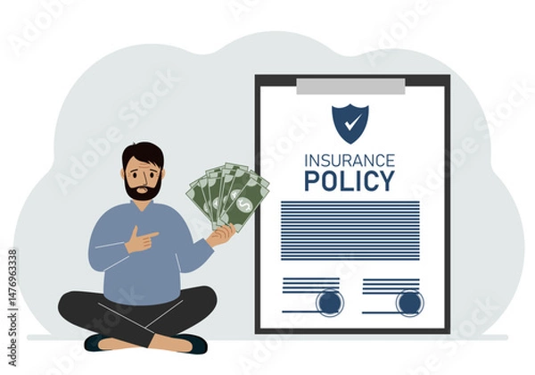 Fototapeta A man holds cash in his hands next to a large insurance policy. The concept of registration and payments under the insurance policy.