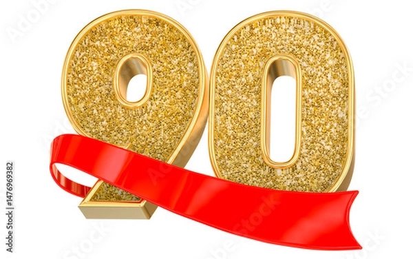 Fototapeta Number 90 gold celebration with a red scroll banner. 3D Render