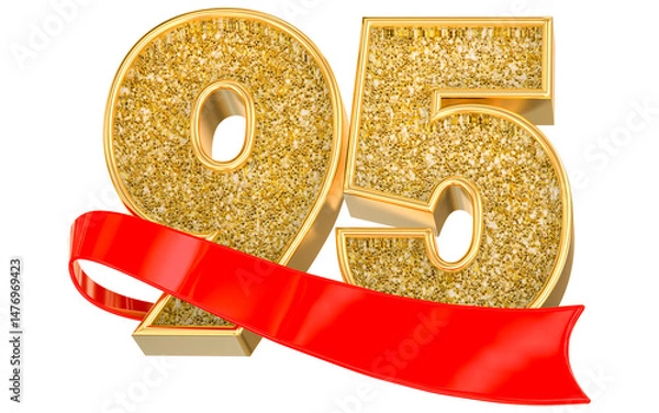 Fototapeta Number 95 gold celebration with a red scroll banner. 3D Render