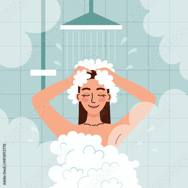 Fototapeta A woman in the shower. Morning routine and hygiene. Flat cartoon vector illustration.