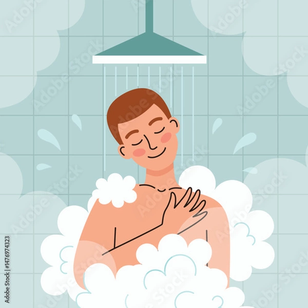 Fototapeta A man in the shower. Morning routine and hygiene. Flat cartoon vector illustration.