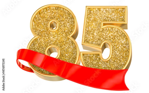 Fototapeta Number 85 gold celebration with a red scroll banner. 3D Render