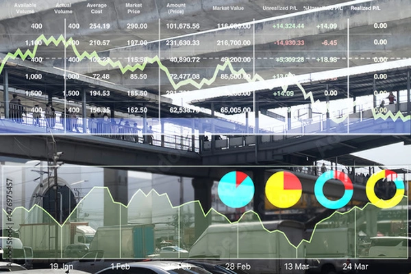 Fototapeta Stock financial data forecast show successful investment in construction and infrastructure industry with graph and chart data diagram to promote urban economy.
