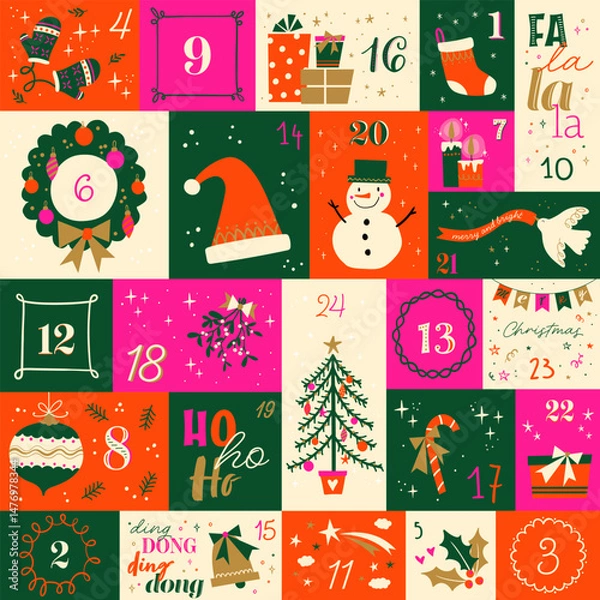Obraz Cute hand drawn Christmas advent calendar. Lovely doodle drawings, vector design